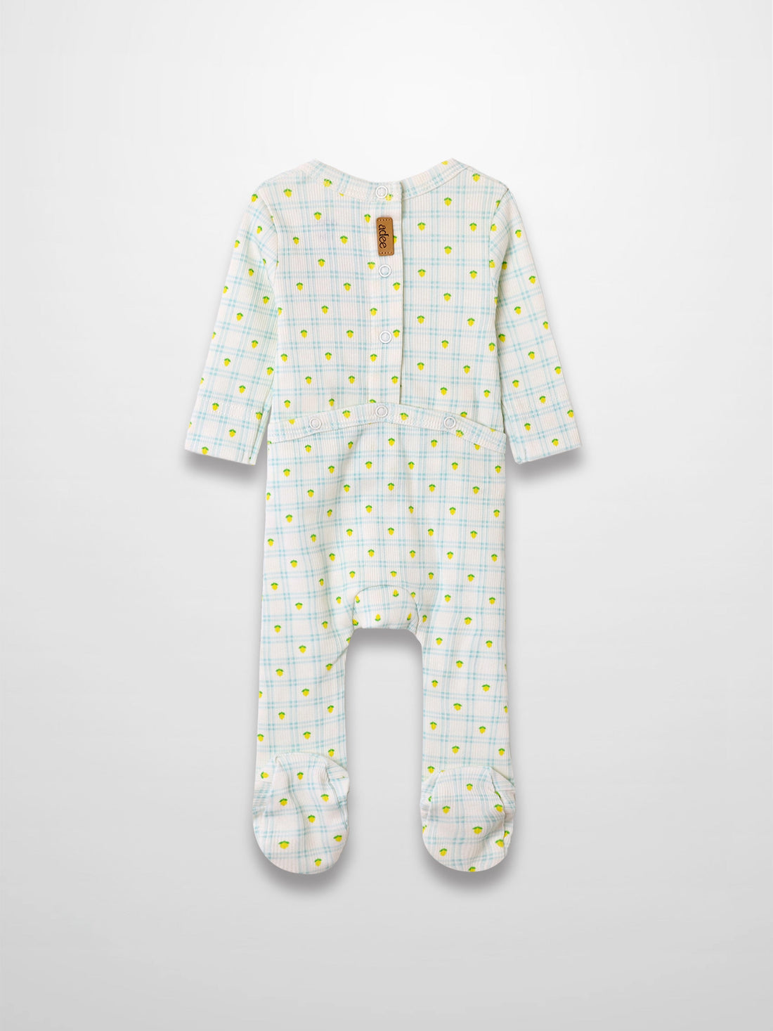 Lemon Window Stretchy baby boy footie with light blue plaid and yellow lemons on a white base.