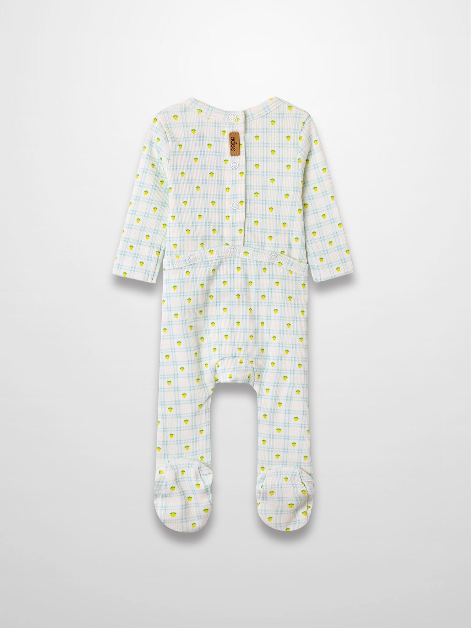 Lemon Window Stretchy baby boy footie with light blue plaid and yellow lemons on a white base.