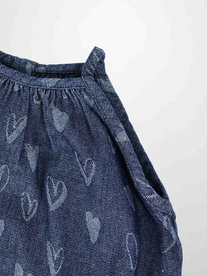 Denim Heart Jumper fabric close-up with white heart prints and gathered neckline