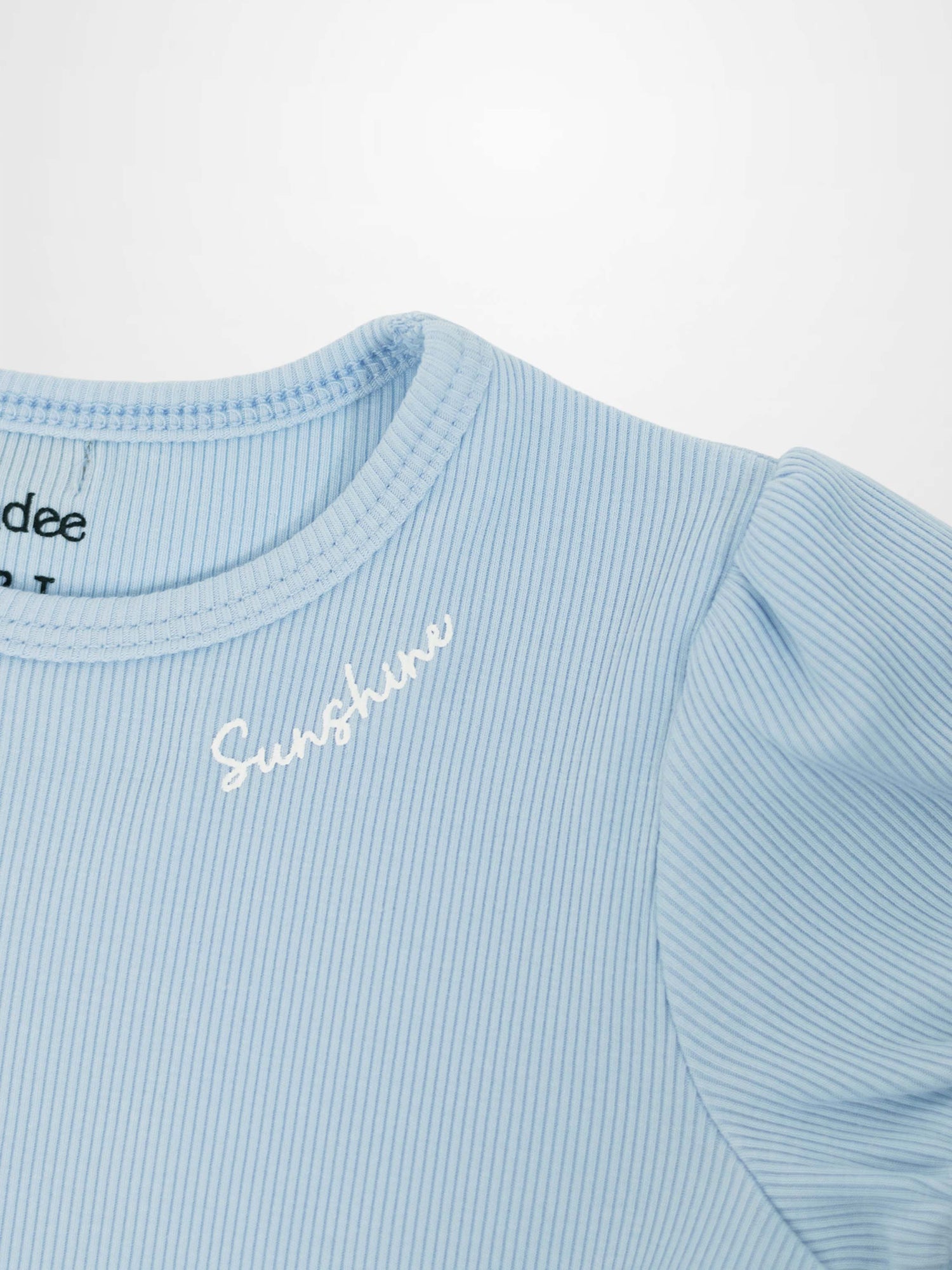 Light blue ribbed 3/4 puff sleeve T-shirt with white cursive &