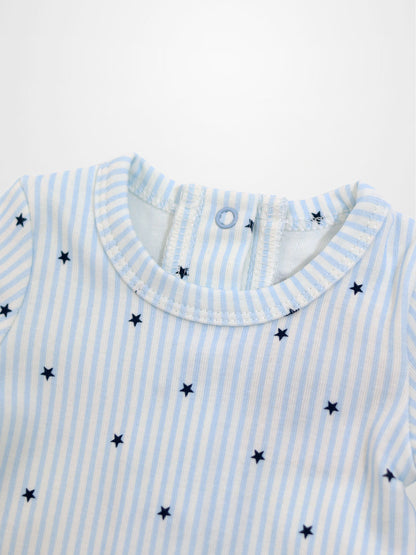 Blue Star Stretchy baby jumpsuit footie in light blue stripes with dark-blue stars.