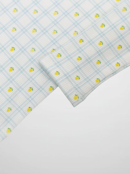 Lemon Window Pajamas: white base with blue grid plaid and lemons; short-sleeve crewneck top for babies to big boys