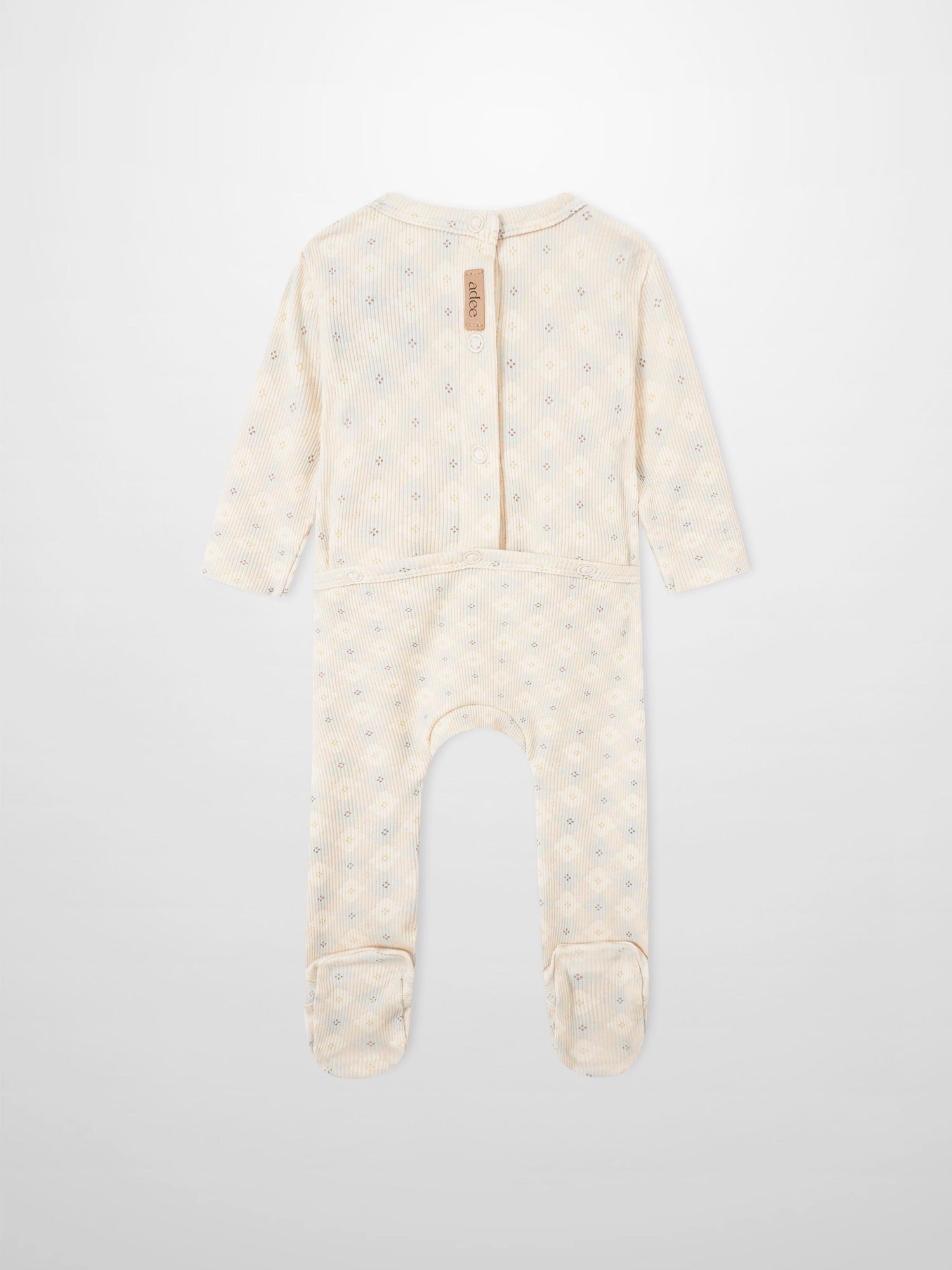 Little Button Blue layette set Adee for baby boys; beige ribbed fabric with small pastel dots; back view with snaps.