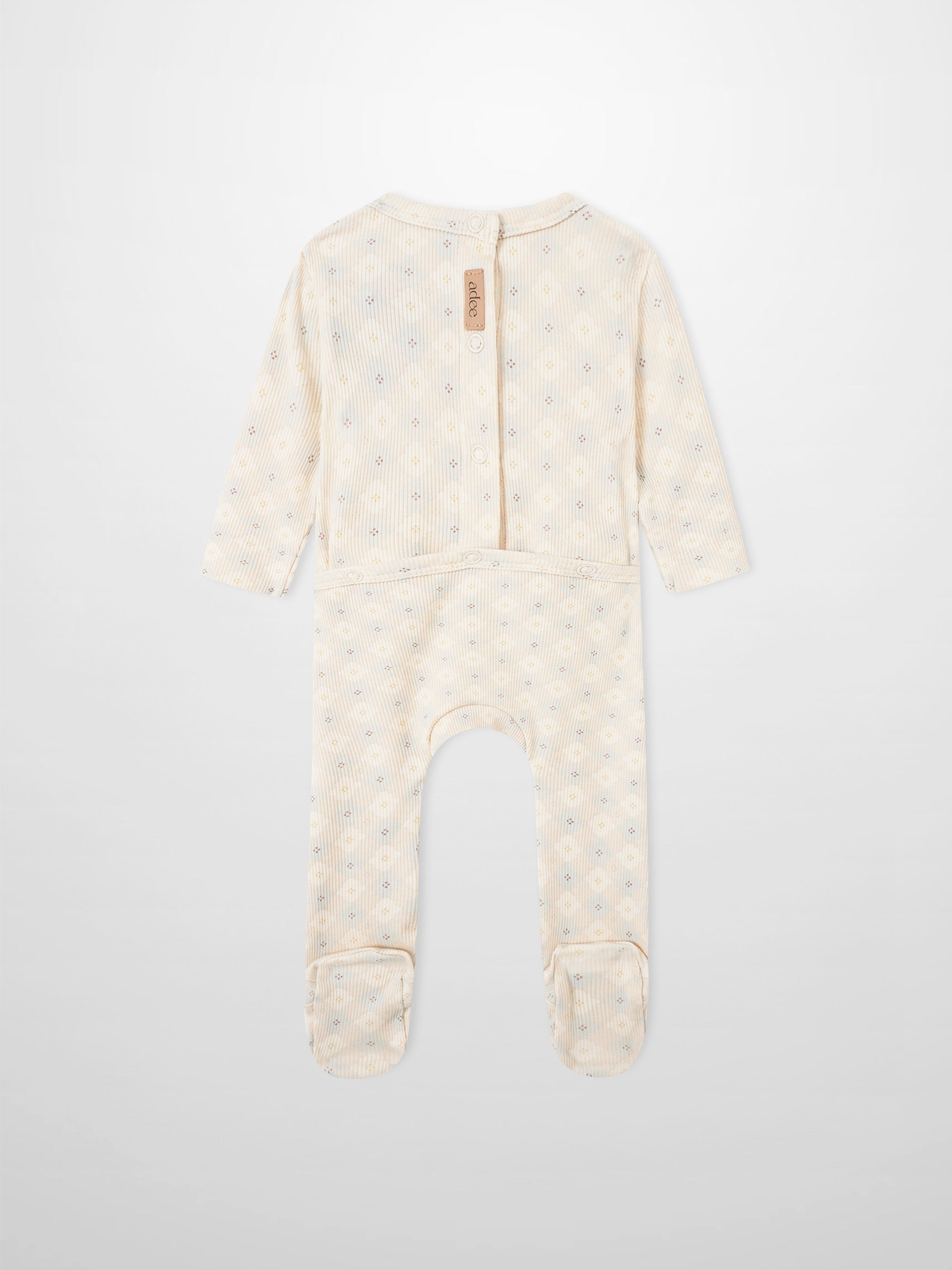 Little Button Blue layette set Adee for baby boys; beige ribbed fabric with small pastel dots; back view with snaps.