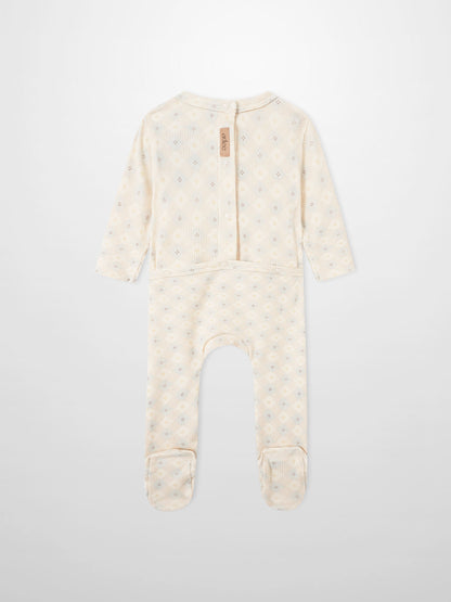 Little Button Blue layette set Adee for baby boys; beige ribbed fabric with small pastel dots; back view with snaps.