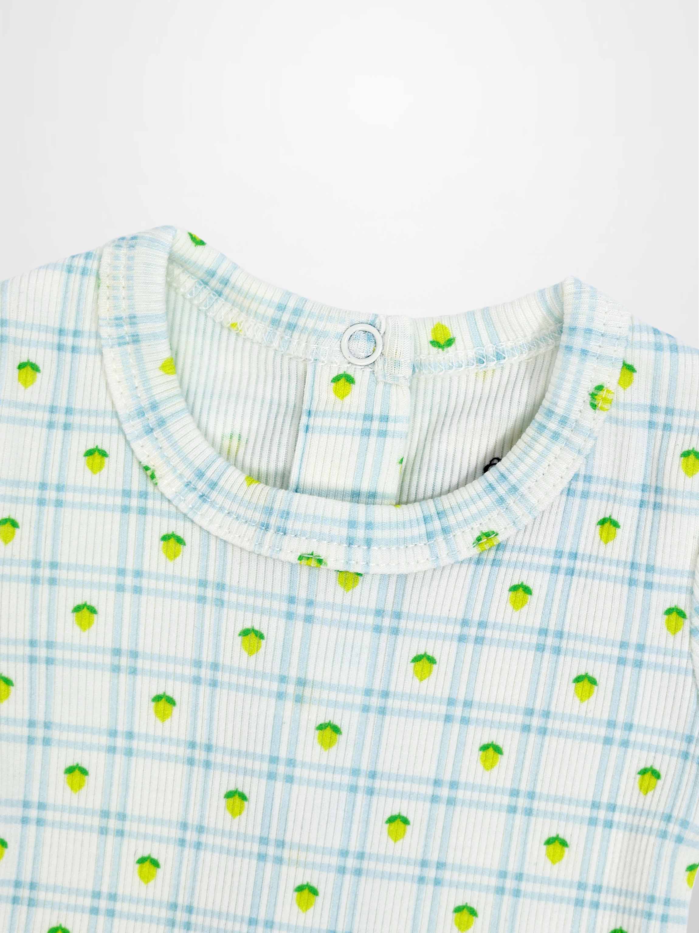 Lemon Window Stretchy baby footie with crisp white base, light blue grid plaid and tiny lemons, breathable ribbed fabric.