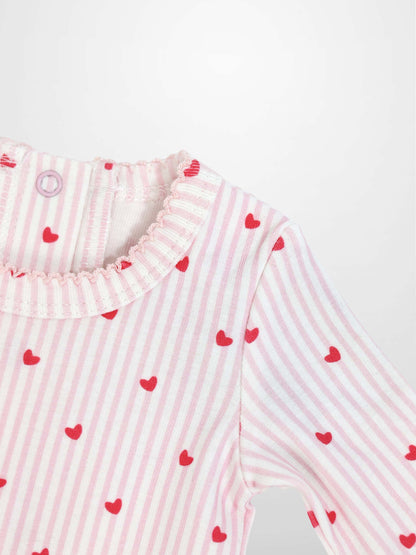 Pink Heart Stretchy with Lace: light pink-striped baby jumpsuit footie with red hearts and scalloped trim.