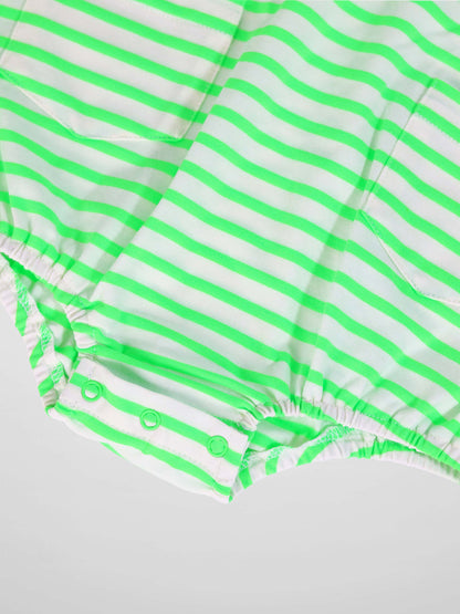 Neon green striped romper with elasticized hems and bottom snap closures.