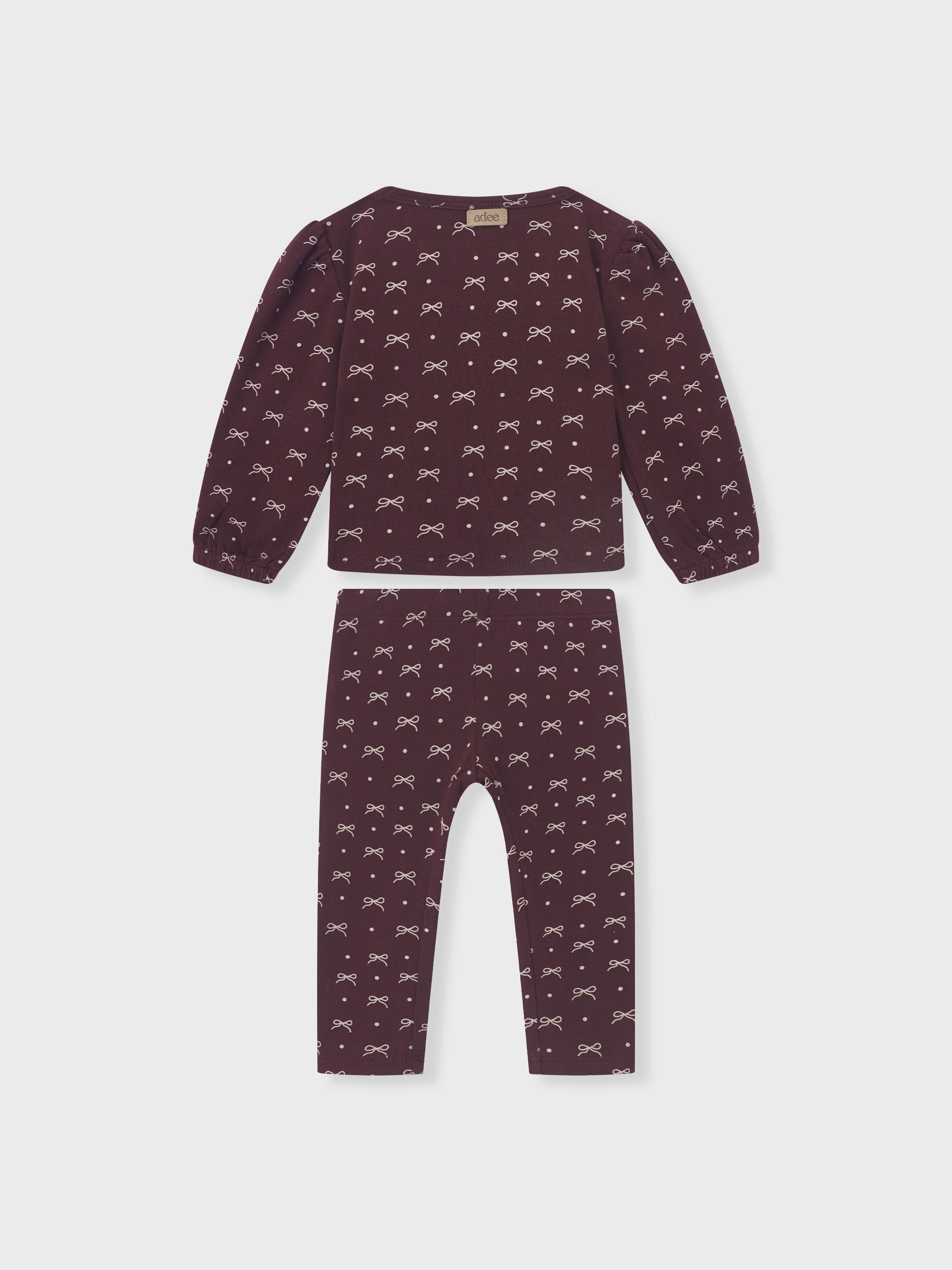 Adee Burgundy Bow Set for little girls; 2-piece top and pants with white bows and dots