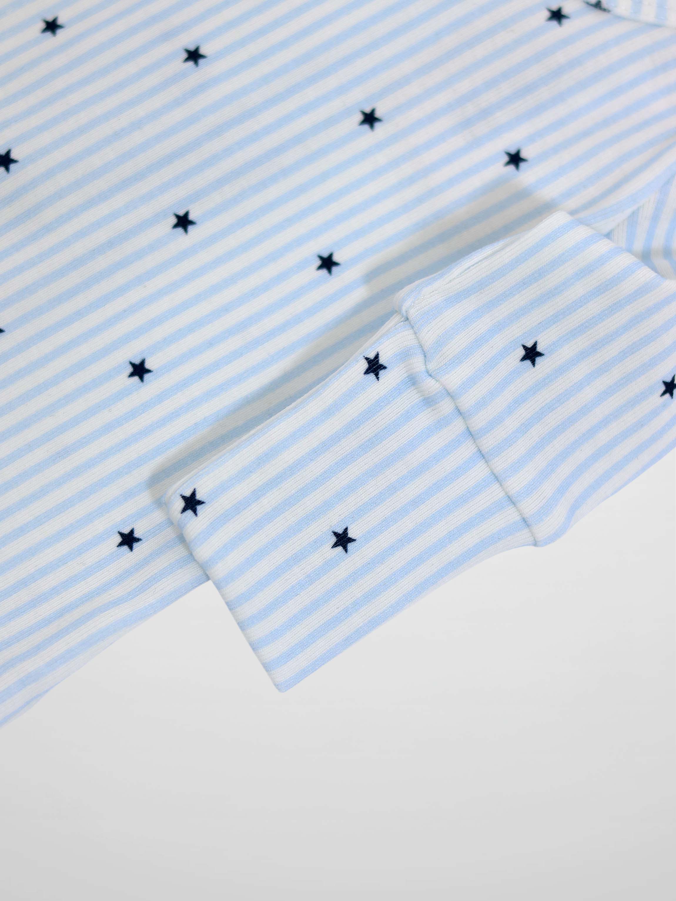 Close-up of light blue and white striped fabric with dark blue stars and scalloped cuff from a Blue Star Stretchy jumpsuit.