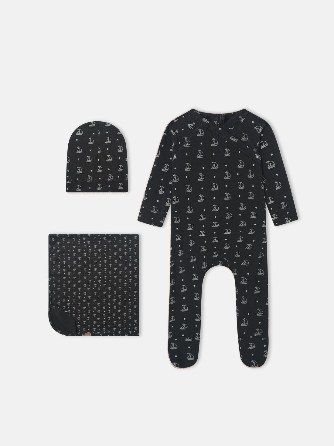 Harbor Dot layette set, 3-piece navy ensemble with white sailboat print by Adee