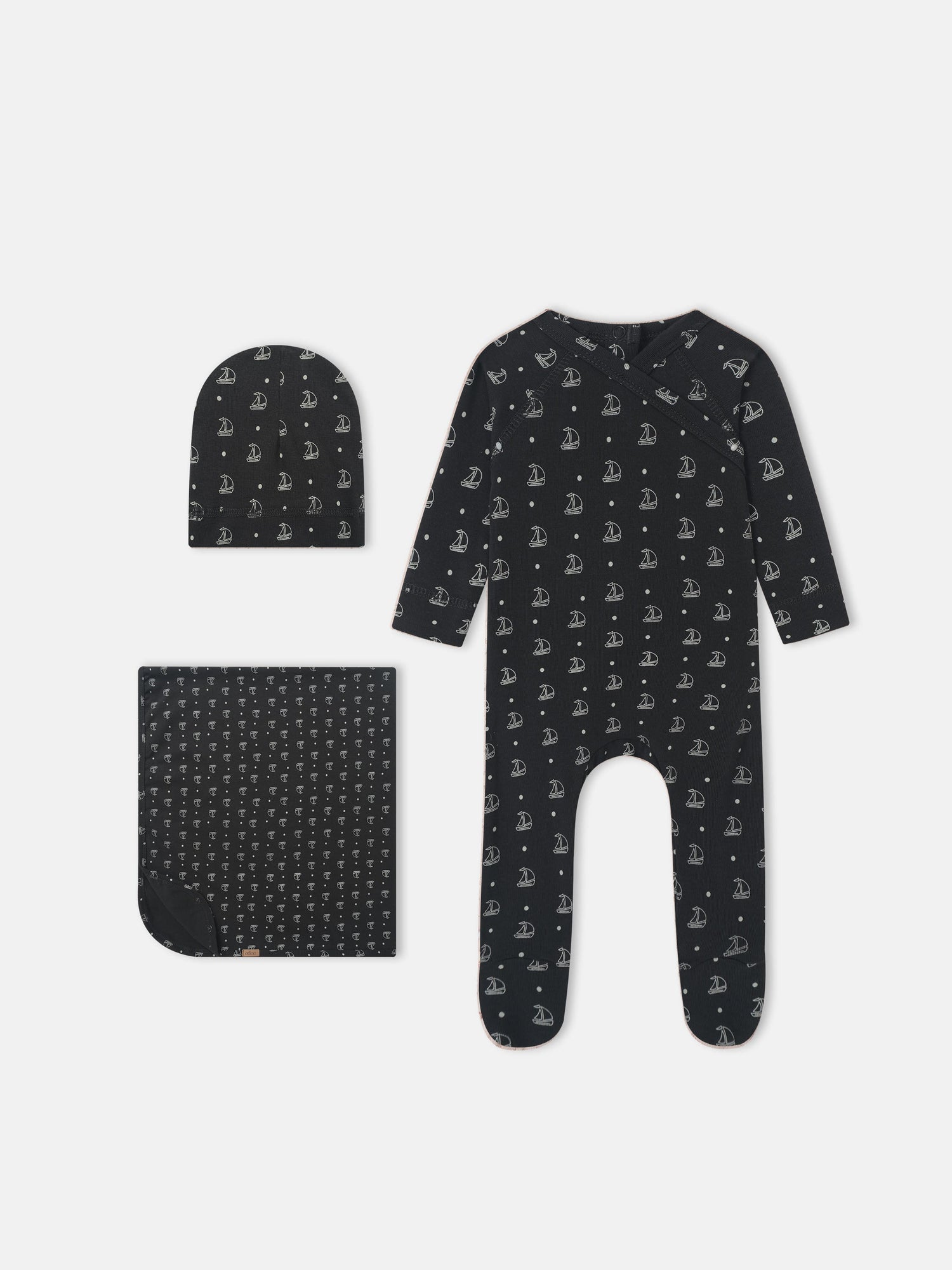 Harbor Dot layette set, 3-piece navy ensemble with white sailboat print by Adee