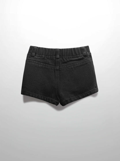 Back view of black denim shorts