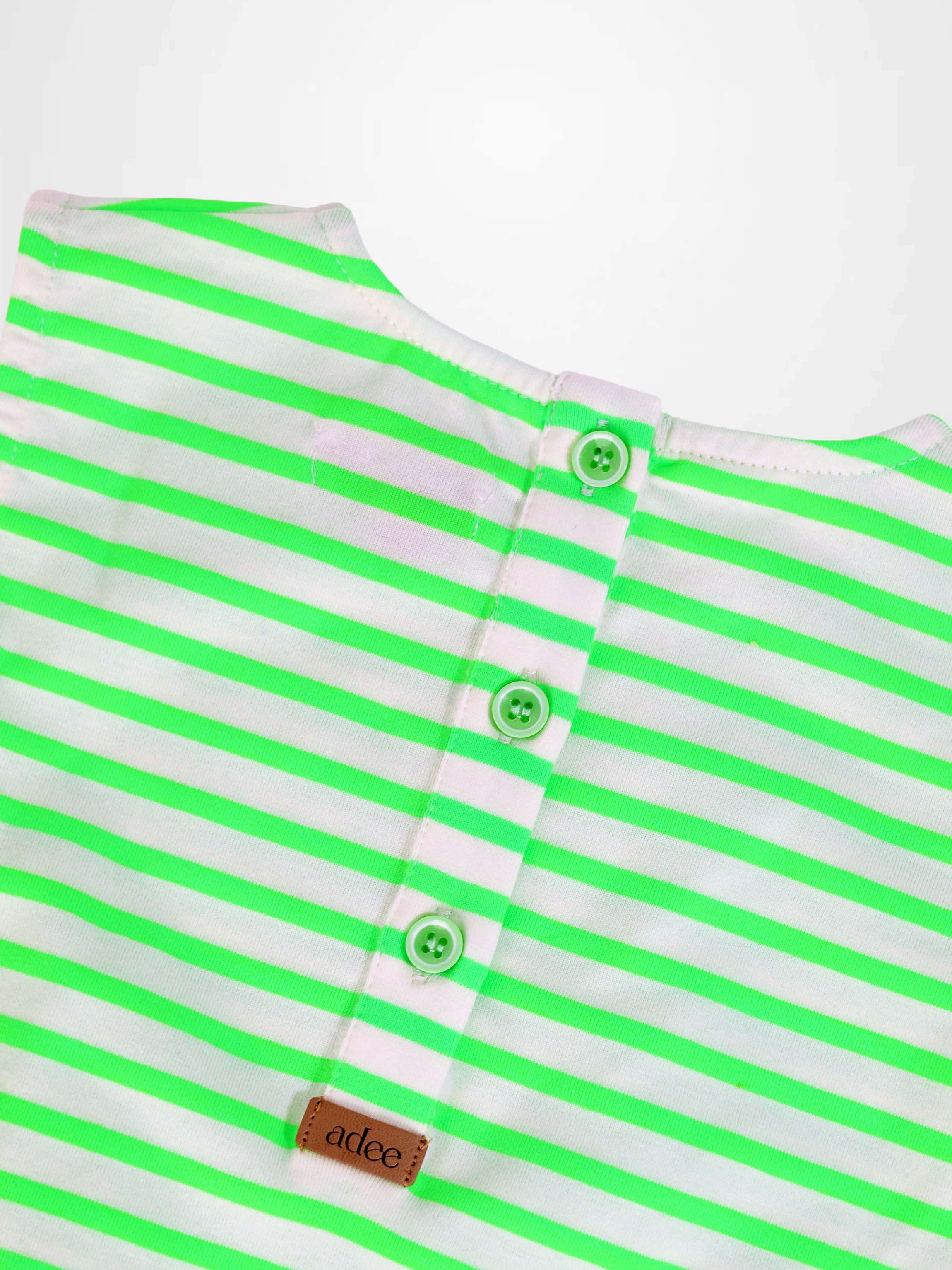 Neon green and white striped romper with green button placket, close-up neckline detail.
