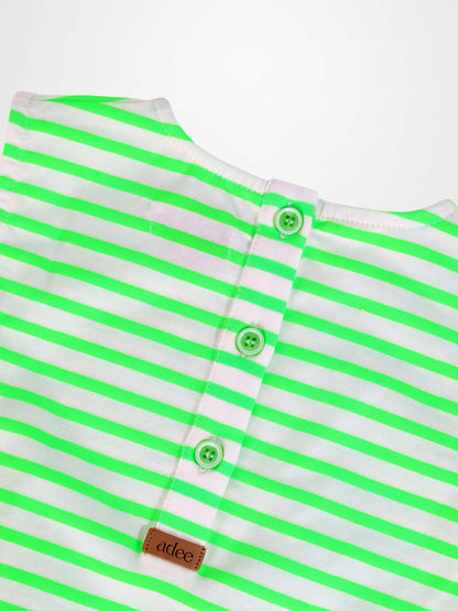Neon green and white striped romper with green button placket, close-up neckline detail.