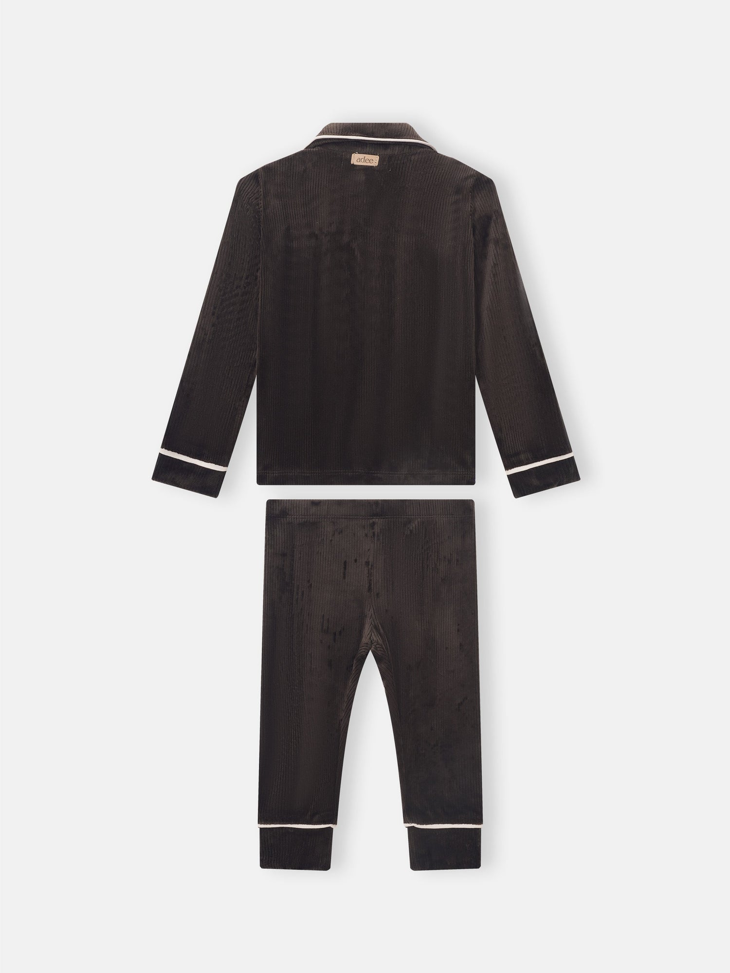 Adee Ribbed Velour Pajamas for boys, brown two-piece set with white piping at cuffs, collar and hems.