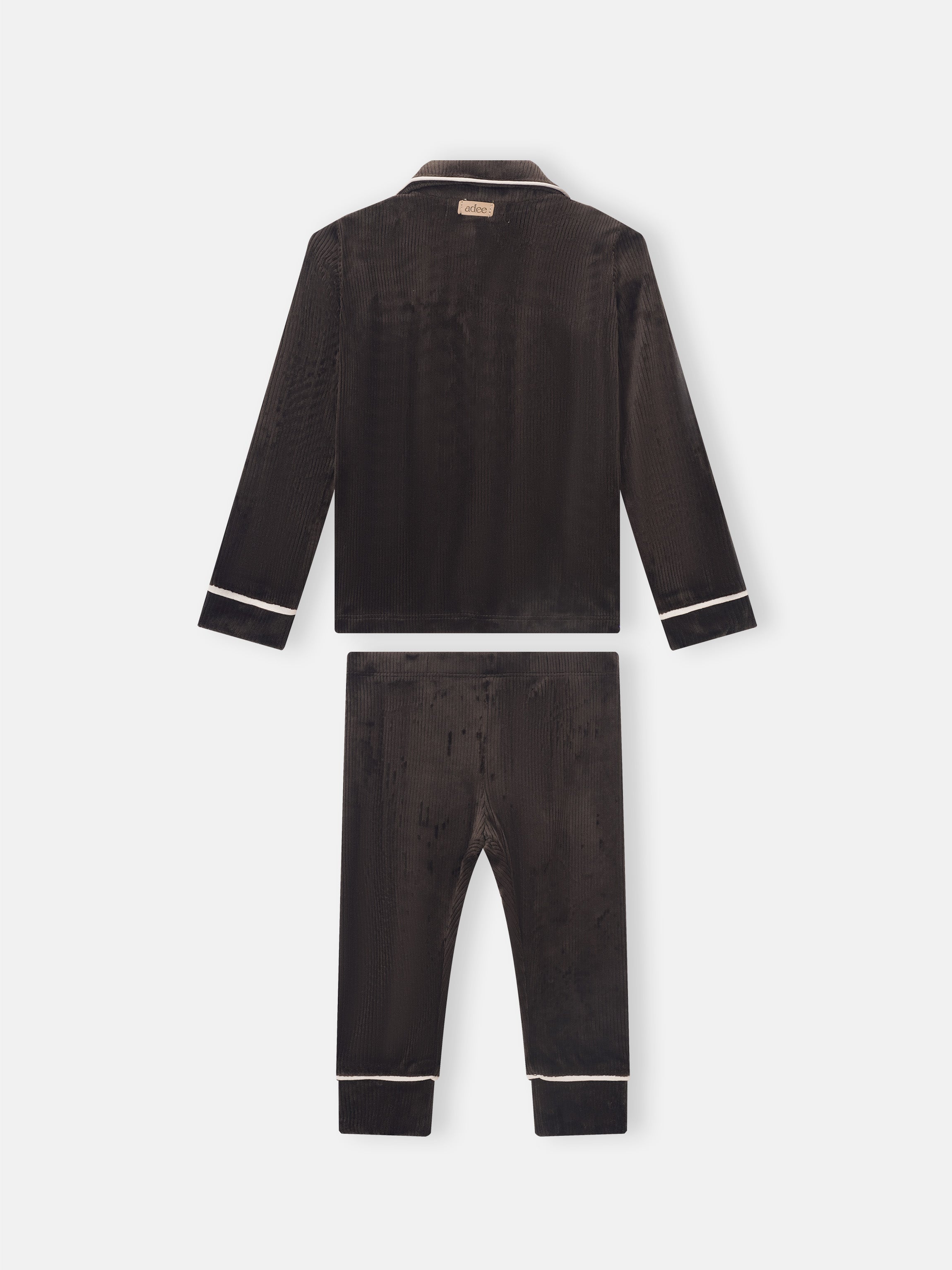 Adee Ribbed Velour Pajamas for boys, brown two-piece set with white piping at cuffs, collar and hems.