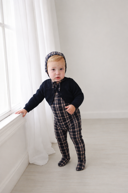 Cropped Cardigan - Navy on baby wearing navy plaid romper and matching bonnet (3-piece set)