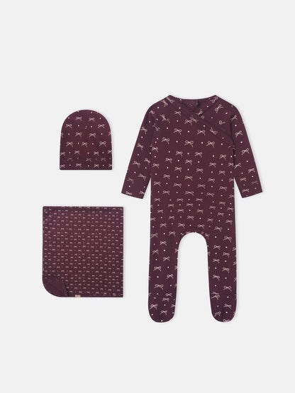 Girls burgundy bow layette set by Adee; includes romper, hat, and blanket with white bow print