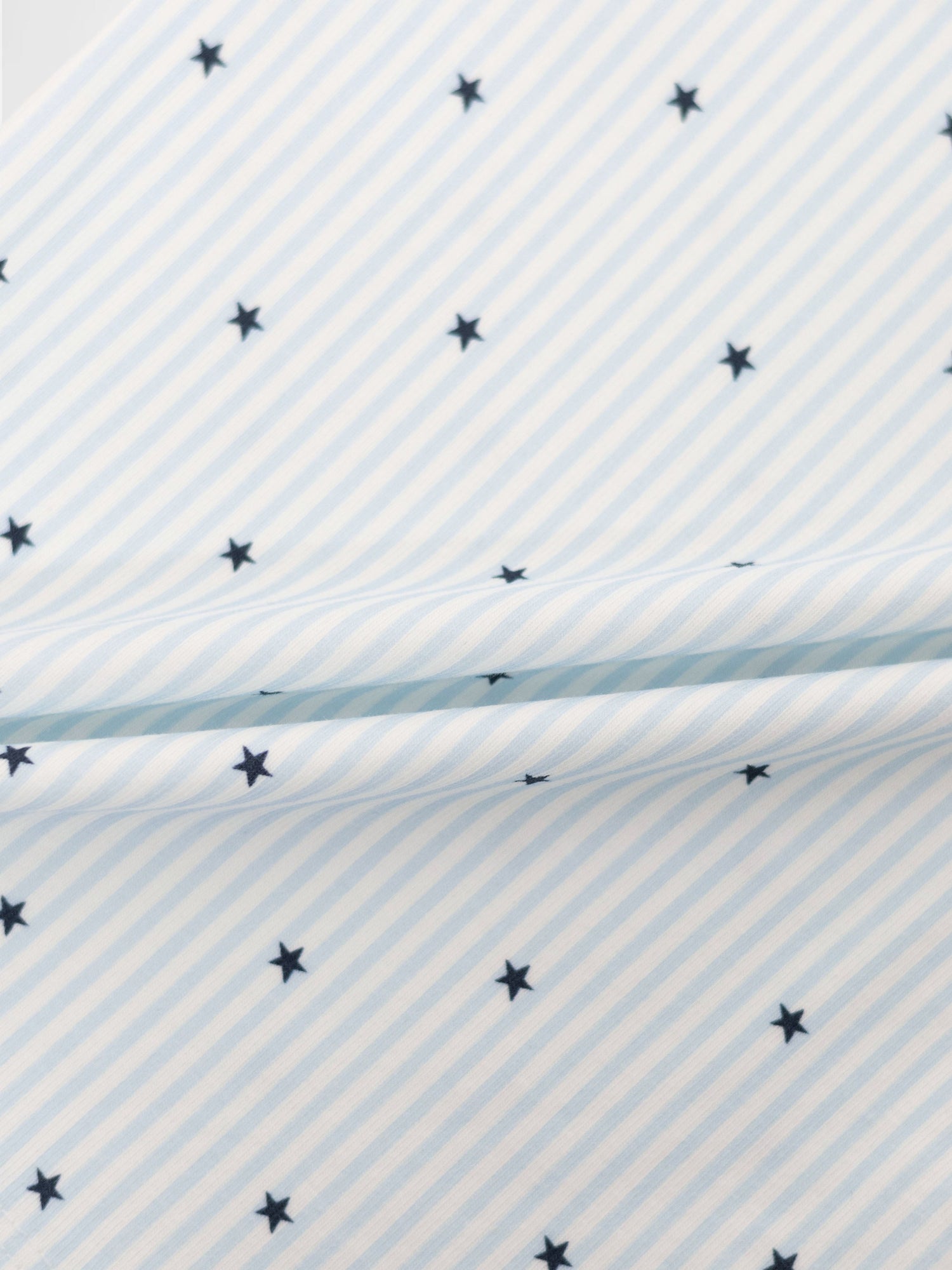 Blue Star Pajamas for boys; blue-and-white striped fabric with navy stars