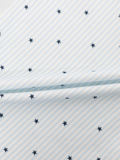 Blue Star Pajamas for boys; blue-and-white striped fabric with navy stars
