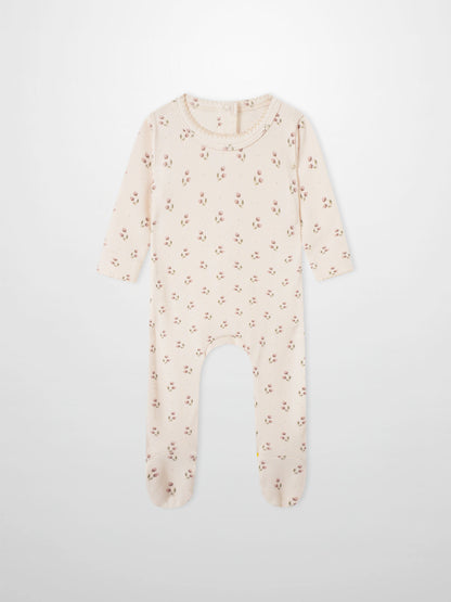 Tiny Tulip layette set for girls by Adee; cream ribbed knit with pink floral print