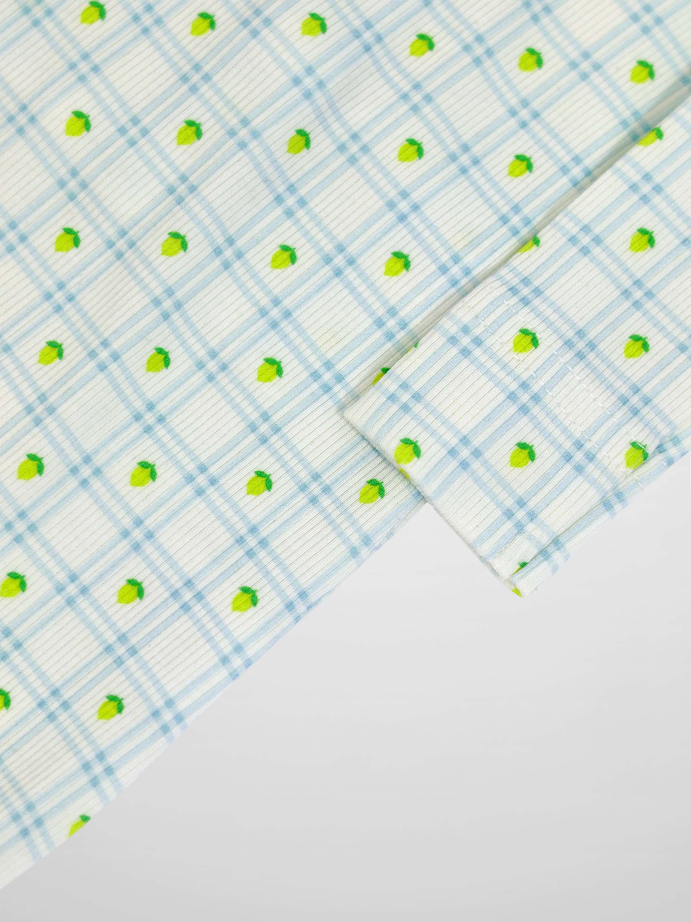 Lemon Window Stretchy baby footie: white base with light blue plaid grid and tiny yellow lemons.