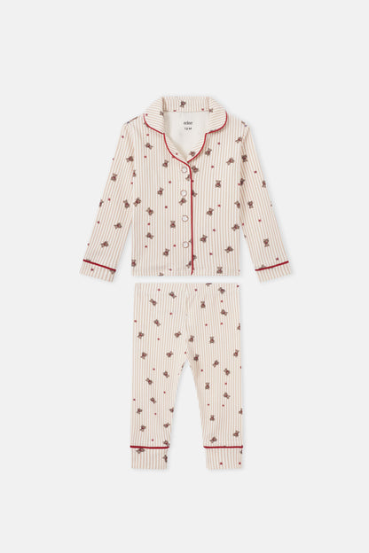 Adee Striped Bear Pajamas for girls; cream and red striped fabric with bear prints and red piping, top and pants