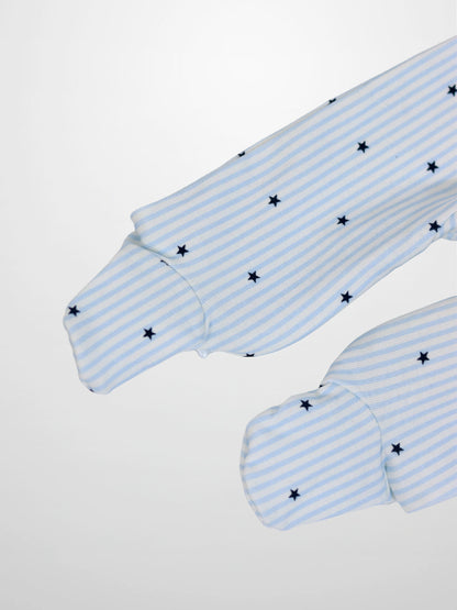 Blue Star Stretchy baby jumpsuit footie with light blue stripes, navy stars, and soft stretch fabric.