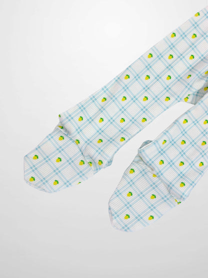 Lemon Window Stretchy baby boy footie on white base with light blue grid plaid and tiny yellow lemons.