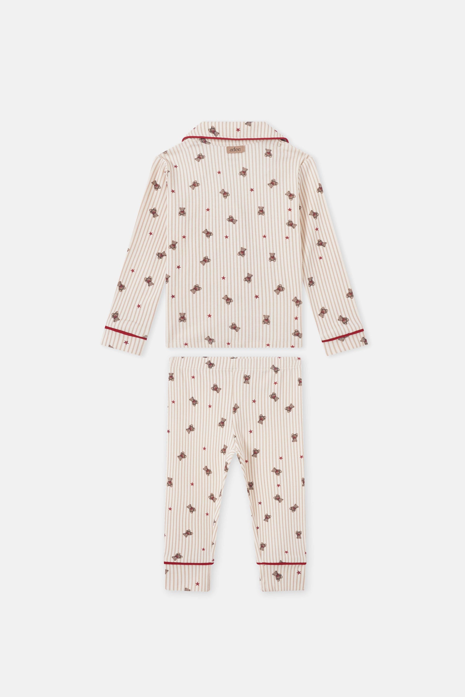 Striped bear pajamas two-piece set for girls by Adee in cream with red stripes, bear prints and red piping.