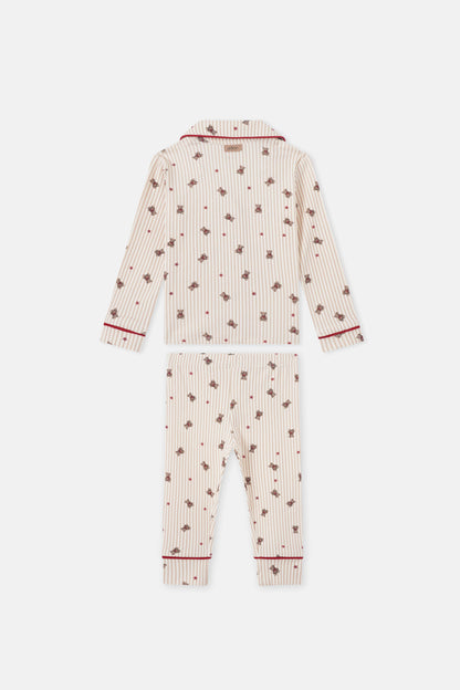 Striped bear pajamas two-piece set for girls by Adee in cream with red stripes, bear prints and red piping.