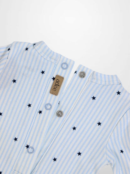 Blue Star Stretchy baby footie jumpsuit in light blue stripes with dark blue stars and snap buttons.