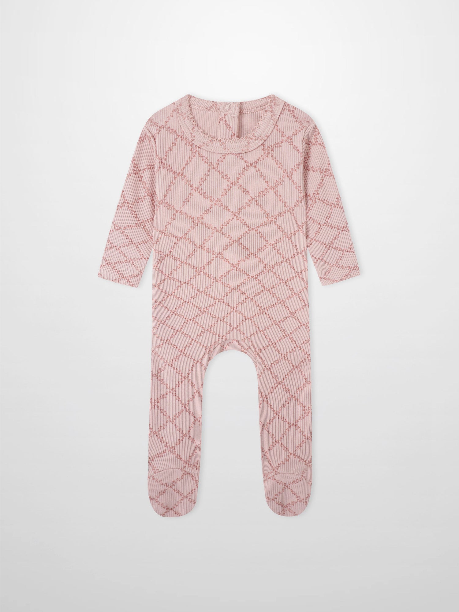 Pink Leaf layette set by Adee for girls; soft pink knit footed sleeper with a diamond lattice pattern