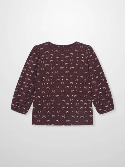 Burgundy Bow T-Shirt for girls by Adee, long-sleeve top with small white bow pattern