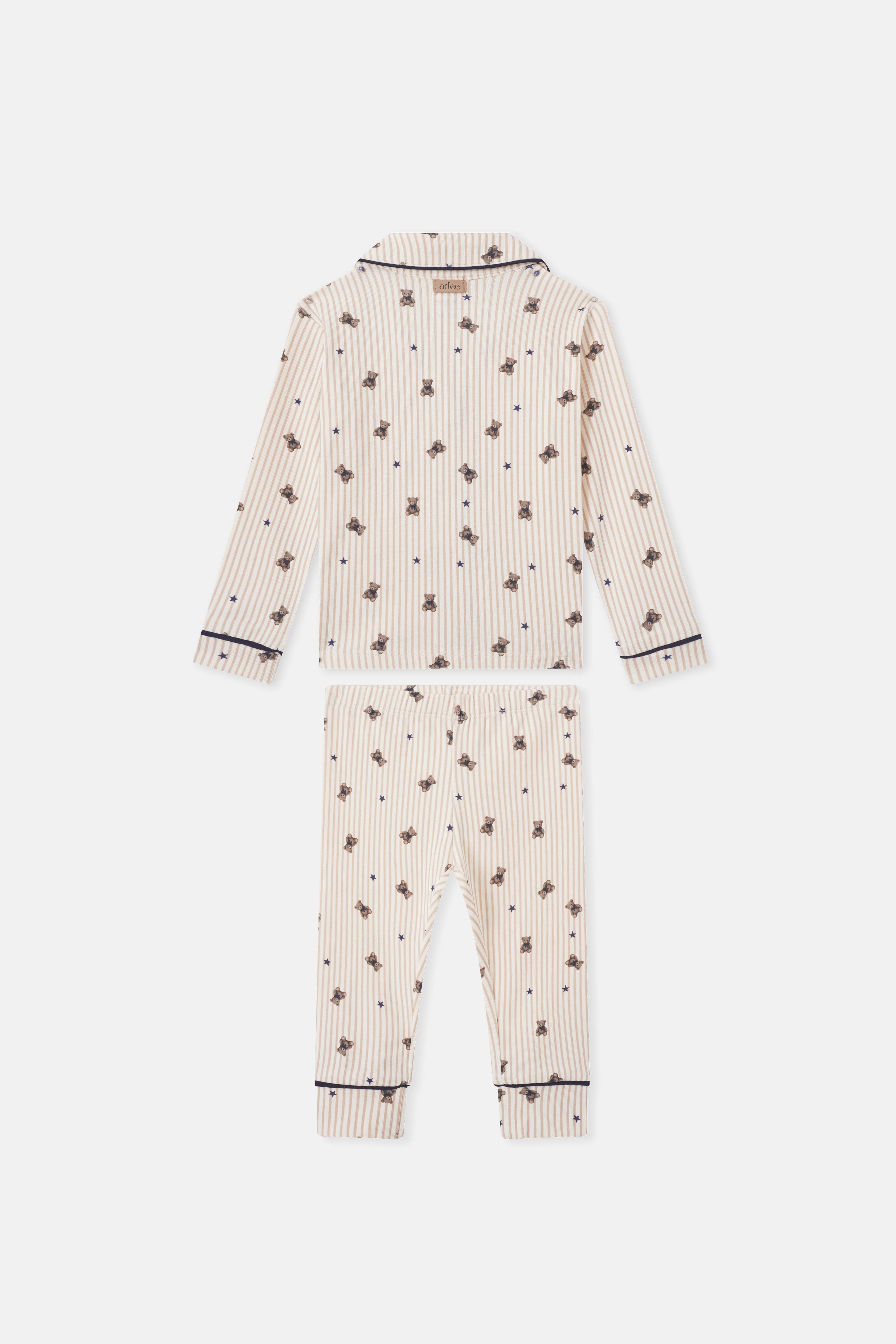 Adee Striped Bear Pajamas for boys; beige striped set with bear prints and navy stars, navy cuffs.