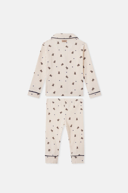Adee Striped Bear Pajamas for boys; beige striped set with bear prints and navy stars, navy cuffs.