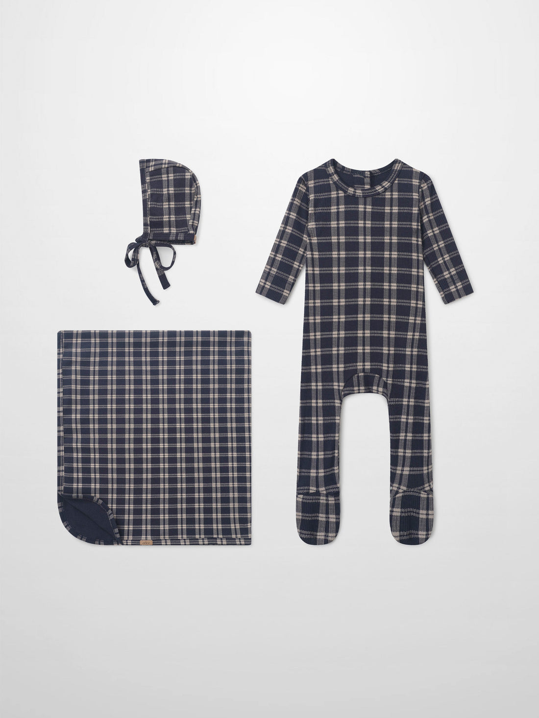 Adee navy plaid baby layette set, 3-piece: bonnet, footed sleeper, and blanket