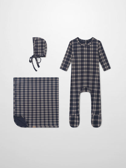 Adee navy plaid baby layette set, 3-piece: bonnet, footed sleeper, and blanket