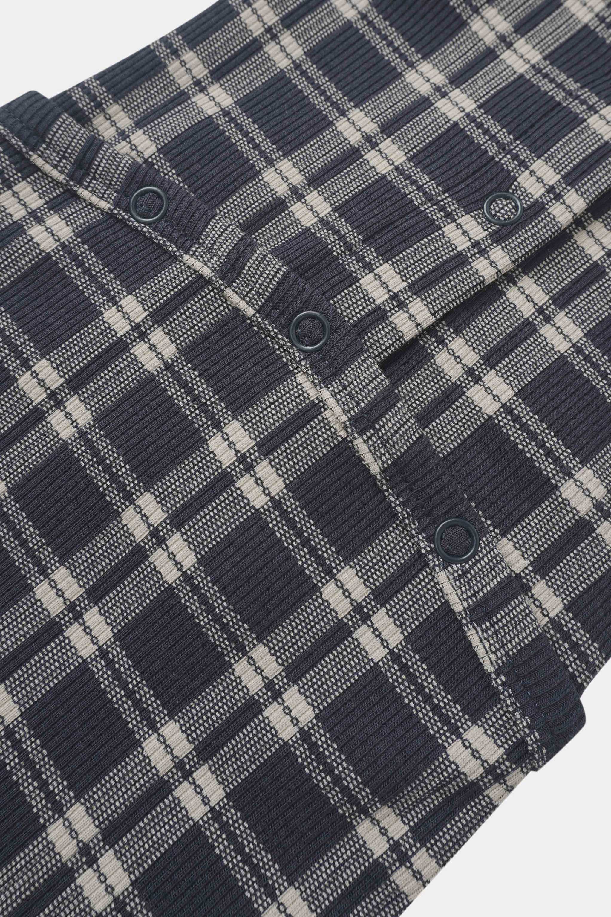Navy Plaid Stretchies for boys by Adee; navy plaid knit fabric with teal ring accents along the seam