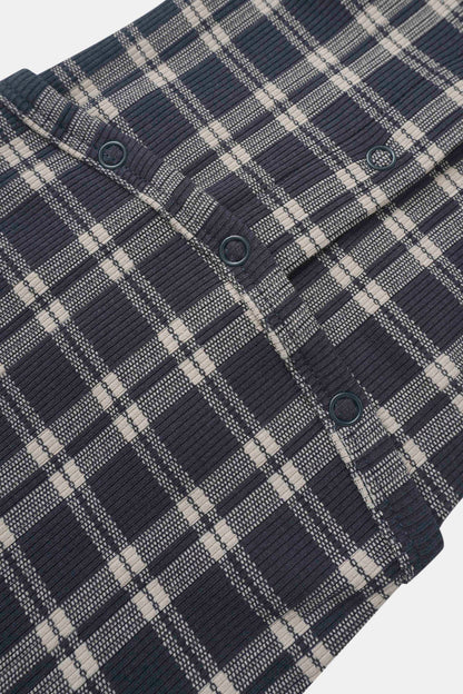 Navy Plaid Stretchies for boys by Adee; navy plaid knit fabric with teal ring accents along the seam