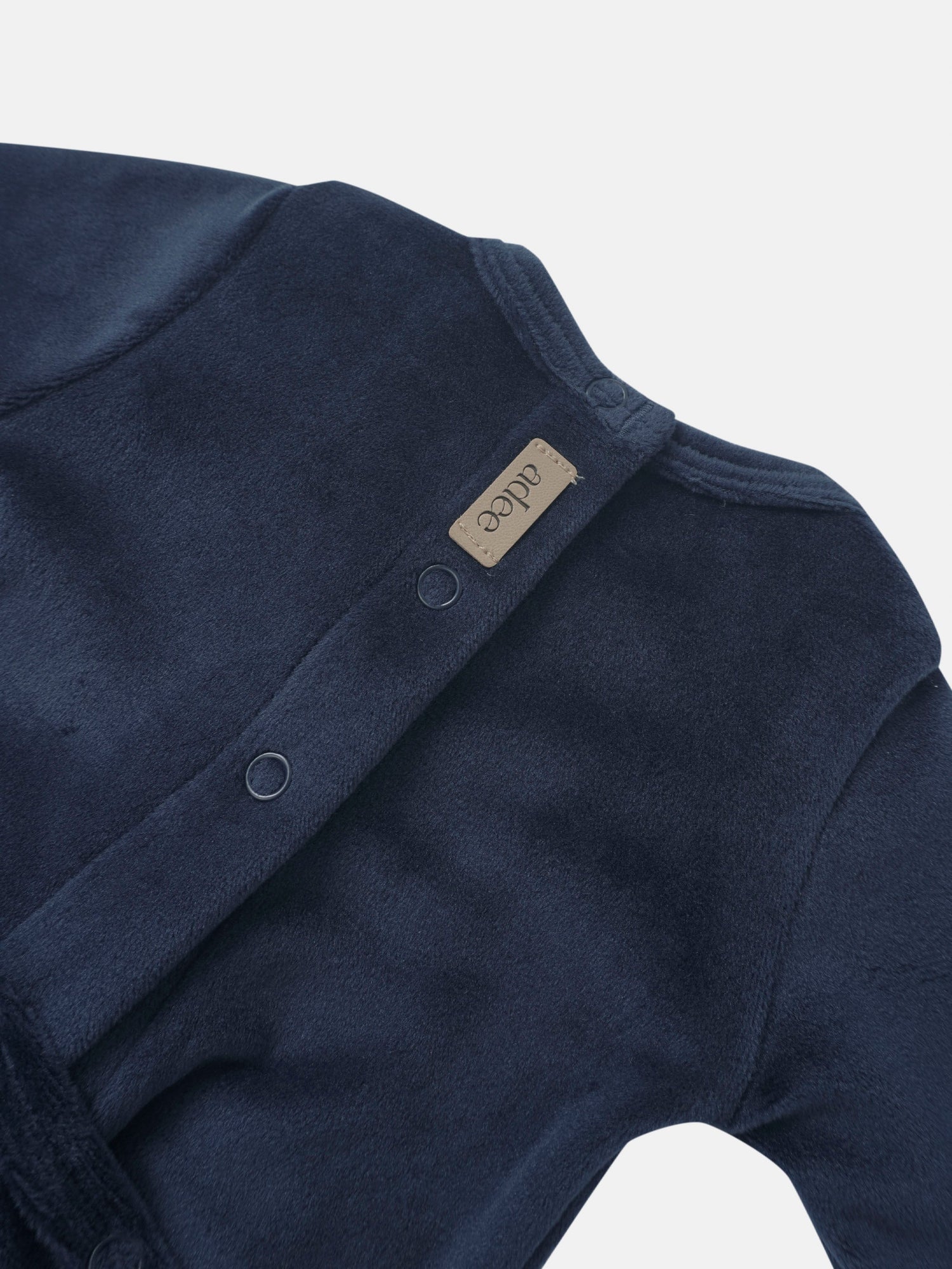Embroidered Bear Navy layette set for boys by Adee; navy fabric with front snaps and beige tag