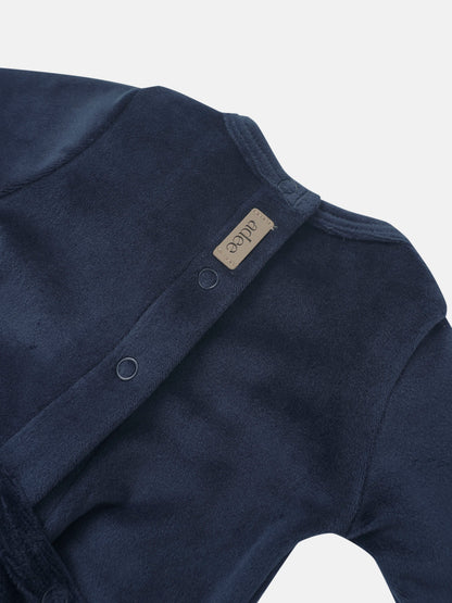 Embroidered Bear Navy layette set for boys by Adee; navy fabric with front snaps and beige tag