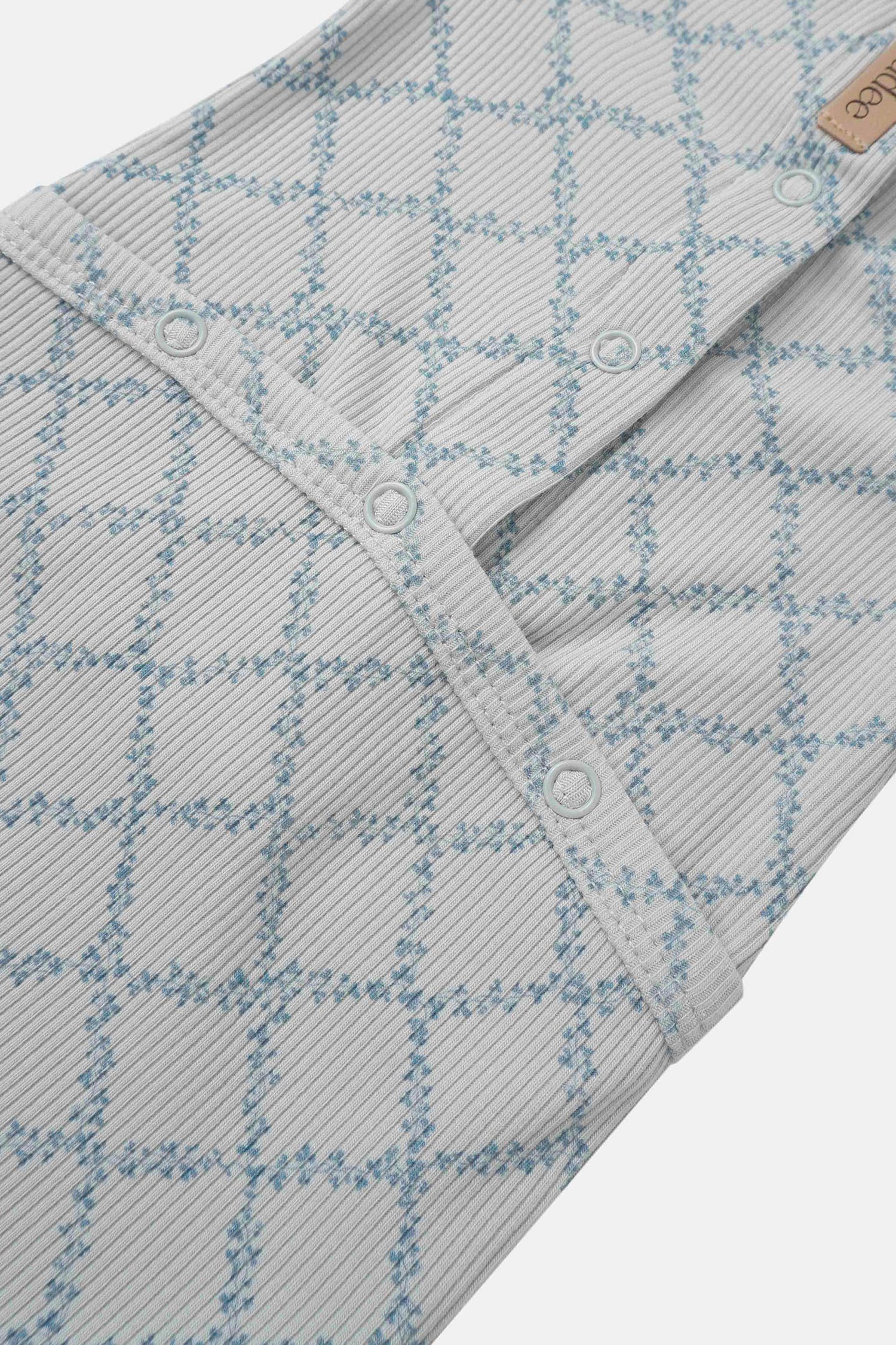 Blue Leaf layette set for boys by Adee, light gray ribbed fabric with blue lattice pattern and snaps