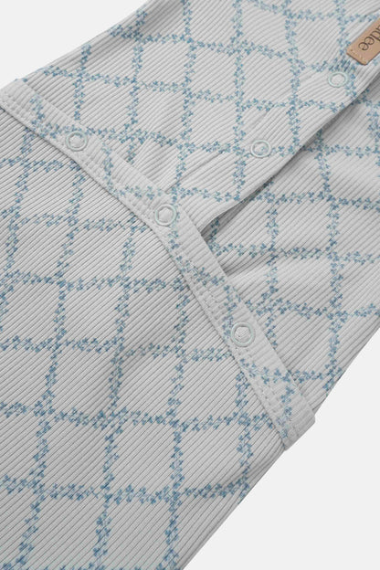 Blue Leaf layette set for boys by Adee, light gray ribbed fabric with blue lattice pattern and snaps