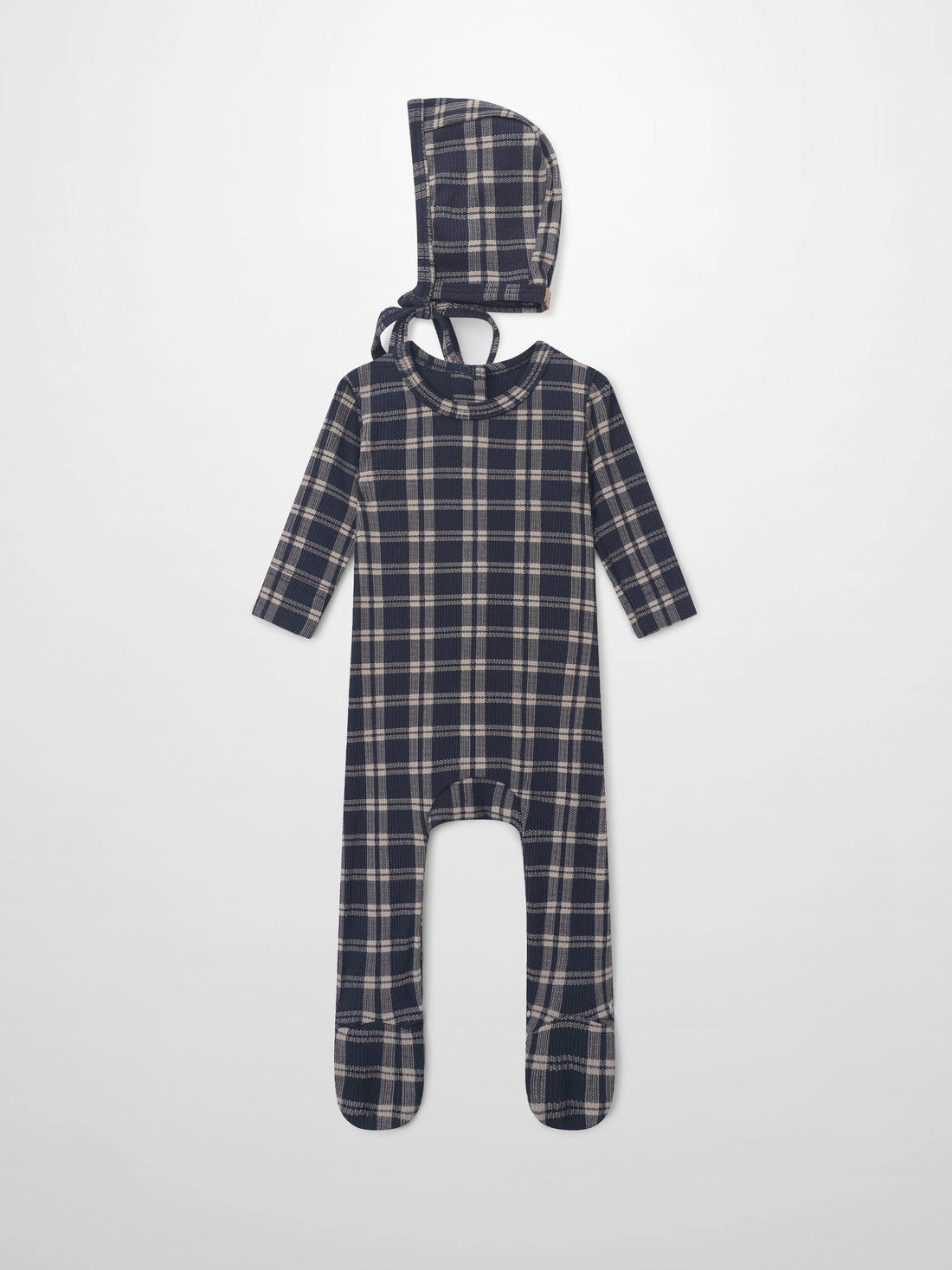 Two-piece Adee navy plaid layette set with hood and footed sleepsuit