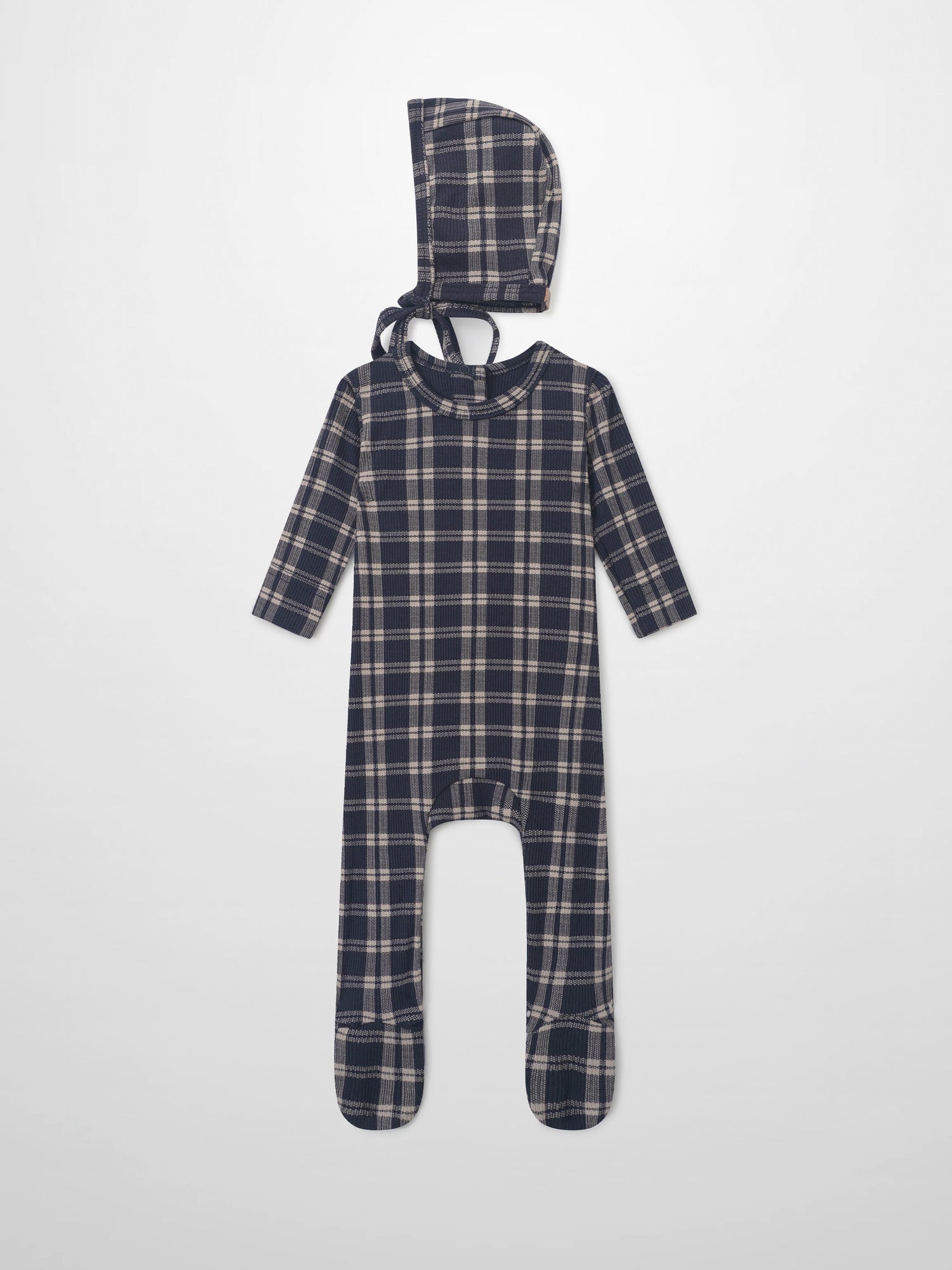 Two-piece Adee navy plaid layette set with hood and footed sleepsuit