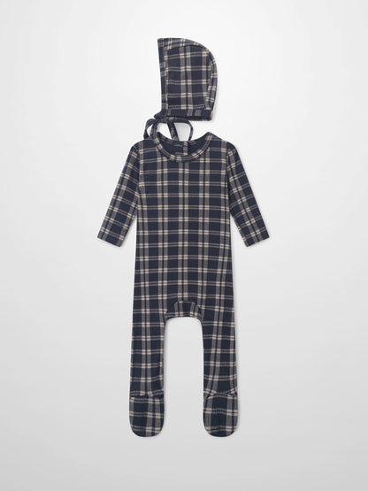 Two-piece Adee navy plaid layette set with hood and footed sleepsuit