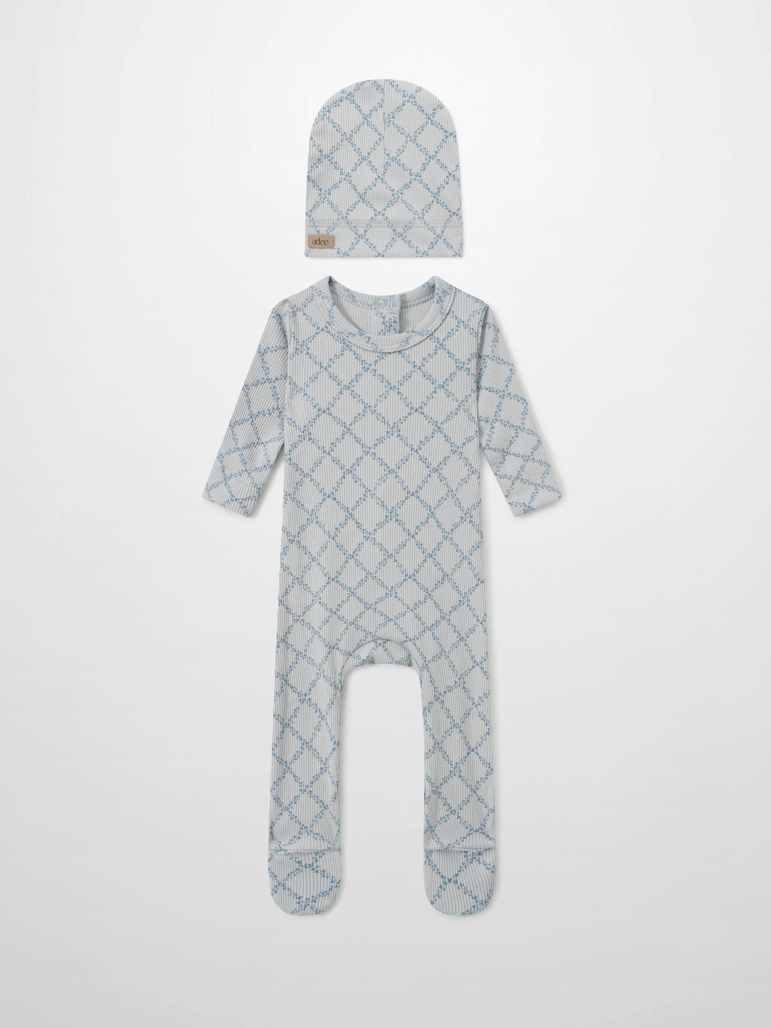 Adee Blue Leaf layette set for boys, 2-piece with beanie and footed romper in blue lattice print.