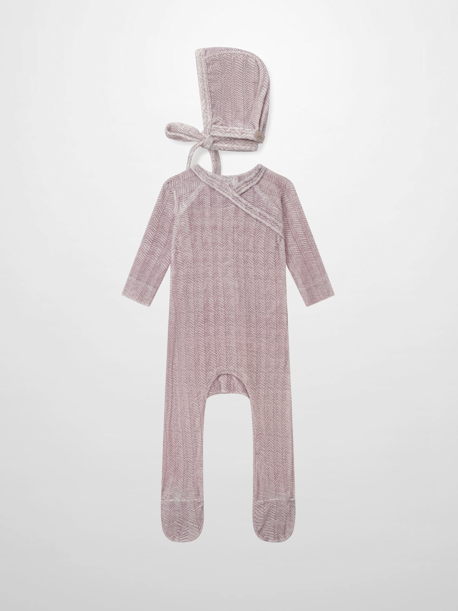 Adee Heritage Herringbone Red layette set for girls; pink-red hooded, footed romper with tie.